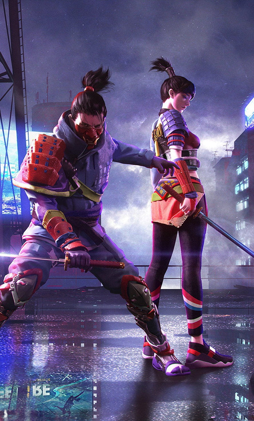 Cyberpunk Samurai and Warrior in Neon City Rooftop HD phone wallpaper