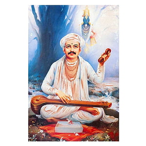 Sant Tukaram Maharaj Playing Veena with Lord Krishna in Traditional Indian Painting HD phone wallpaper