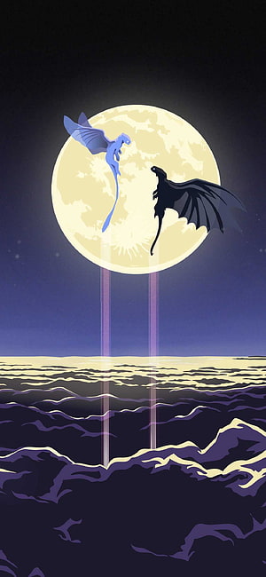 Toothless and Light Fury Silhouettes Against a Full Moon Over the Ocean HD phone wallpaper