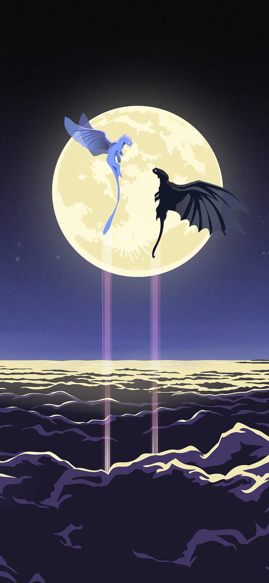 Toothless and Light Fury Silhouettes Against a Full Moon Over the Ocean HD phone wallpaper
