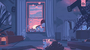 Girl Sitting on Windowsill Watching Sunset in Cozy LoFi Bedroom Illustration HD wallpaper