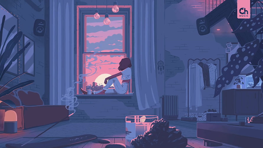 Girl Sitting on Windowsill Watching Sunset in Cozy LoFi Bedroom Illustration HD wallpaper