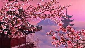 Cherry Blossoms Framing Mount Fuji and Japanese Pagoda in Soft Pink Haze HD wallpaper