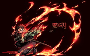 Tanjiro Kamado Wielding Flame Breathing in Demon Slayer Kimetsu no Yaiba Anime Artwork HD wallpaper