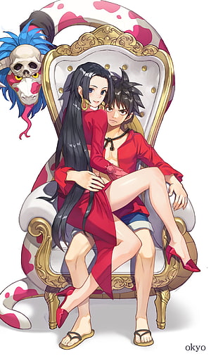 Boa Hancock and Luffy Sitting on an Ornate Throne with a Skull Mask HD phone wallpaper