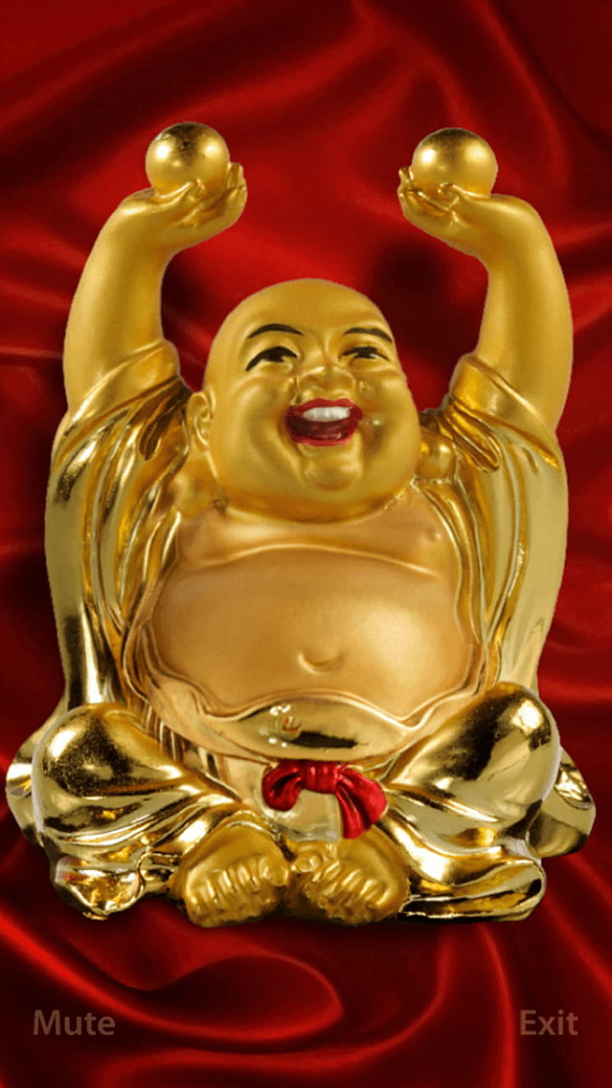 Golden Laughing Buddha Statue with Raised Orbs on Red Silk Background HD phone wallpaper