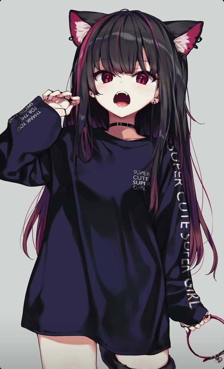 Anime Cat Girl in Oversized Black T-Shirt with Red Eyes and Kawaii Style HD phone wallpaper