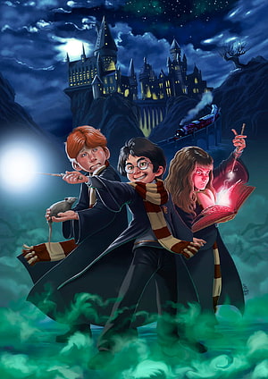 Harry Potter, Ron Weasley, and Hermione Granger in a Stylized Hogwarts Adventure Illustration HD phone wallpaper