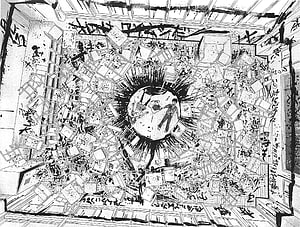 Aku No Hana manga panel showing a chaotic explosion of debris and two figures in a room HD wallpaper