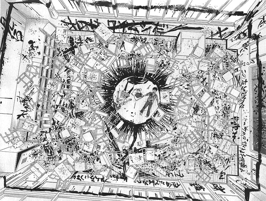 Aku No Hana manga panel showing a chaotic explosion of debris and two figures in a room HD wallpaper