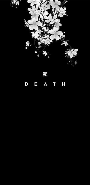 Monochrome Cherry Blossom Branch with Japanese Kanji and Death Text on Black Background HD phone wallpaper