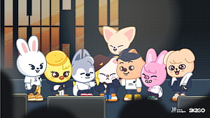 SKZOO Character Group Lineup in Concert Setting with JYP Entertainment Logo HD wallpaper