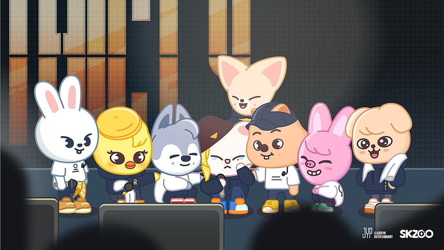 SKZOO Character Group Lineup in Concert Setting with JYP Entertainment Logo HD wallpaper