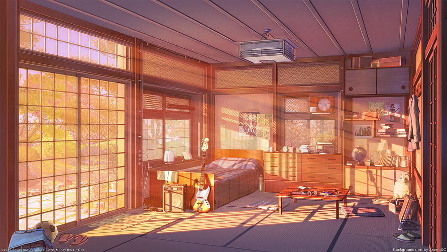 Sunlit Japanese Bedroom Interior with Electric Guitar and Tatami Mats HD wallpaper