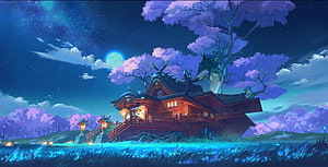 Genshin Impact Nighttime Japanese Temple with Glowing Moon and Purple Cherry Blossoms HD wallpaper