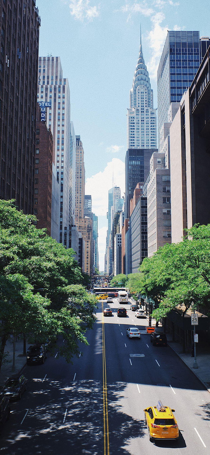 Chrysler Building View from Midtown Manhattan Street with Yellow Taxi and Lush Green Trees HD phone wallpaper