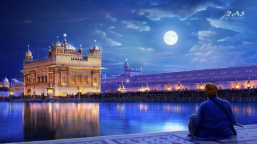 Golden Temple at Night with Full Moon and Devotee by the Sacred Pool HD wallpaper