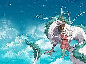 Spirited Away Chihiro and No-Face Dragon in the Night Sky HD wallpaper