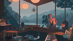 Cozy Autumn Rainy Day Cabin Interior with Fireplace and Music Studio Setup HD wallpaper