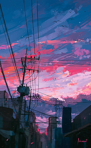Lofi Anime Aesthetic: Japanese Cityscape at Dusk with Power Lines and Vibrant Sunset Sky HD phone wallpaper