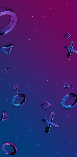 PlayStation Controller Button Shapes Floating in a Purple and Blue Cosmic Gradient HD phone wallpaper