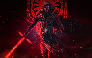 Kylo Ren Wielding Crossguard Lightsaber in Dark Red Cinematic Artwork HD wallpaper