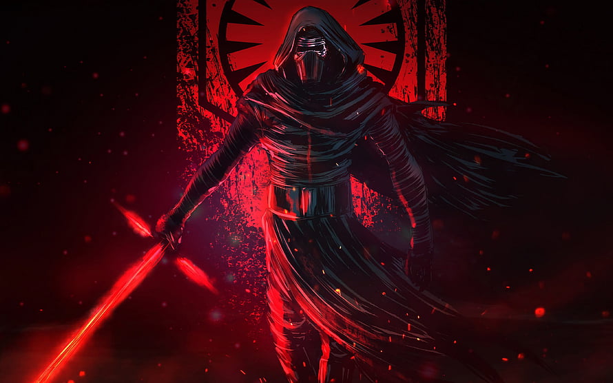 Kylo Ren Wielding Crossguard Lightsaber in Dark Red Cinematic Artwork HD wallpaper