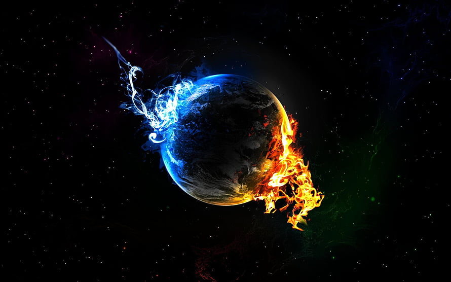 Burning Earth Planet Split by Fire and Ice in Deep Space HD wallpaper