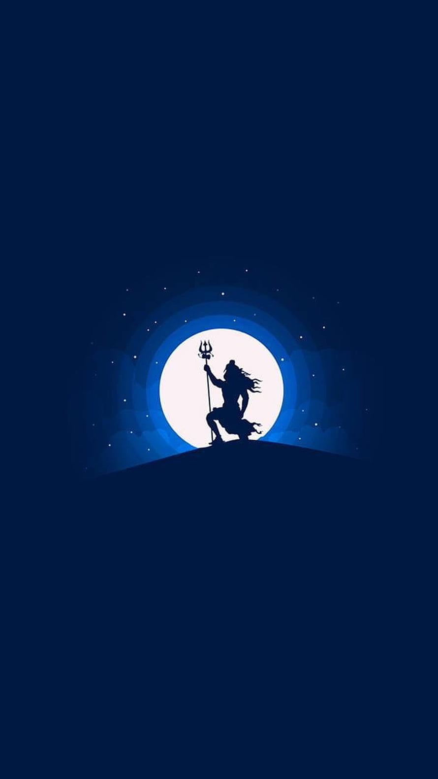Lord Shiva Silhouette Holding Trishul Against Full Moon in Deep Blue Night Sky HD phone wallpaper