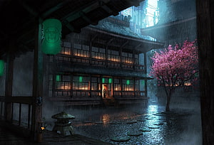 Moody Japanese Courtyard in the Rain with Glowing Lanterns and Cherry Blossom Tree HD wallpaper