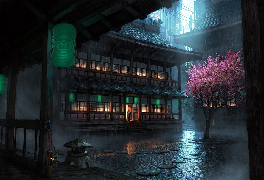 Moody Japanese Courtyard in the Rain with Glowing Lanterns and Cherry Blossom Tree HD wallpaper