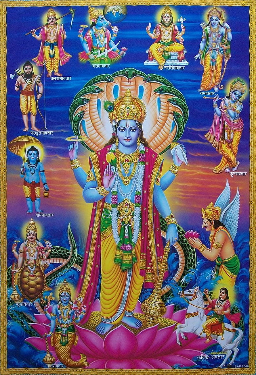 Lord Vishnu Dashavatar: Ten Divine Incarnations on a Lotus Throne HD phone wallpaper