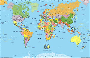 Detailed Political World Map with Color-Coded Countries and Ocean Labels HD wallpaper