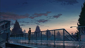 Weathering With You Anime Scene: Boy on Wet Bridge at Dusk HD wallpaper