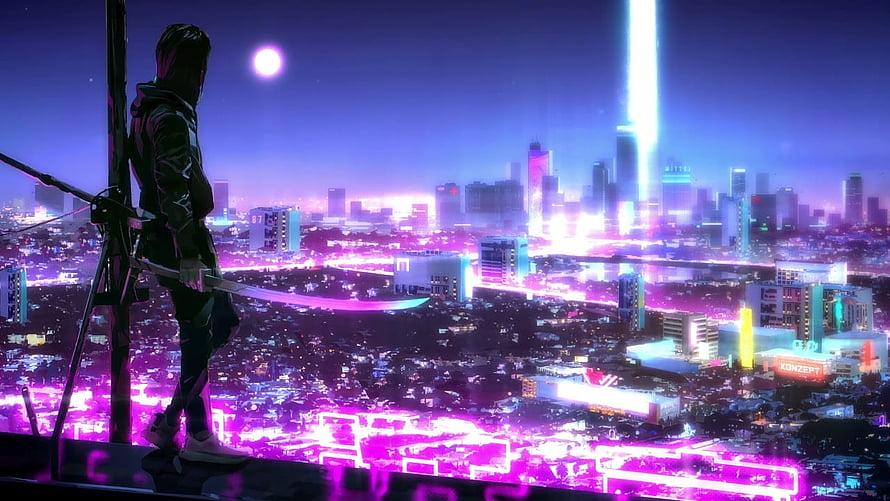 Cyberpunk Samurai Silhouette Overlooking Neon Night City Skyline HD wallpaper