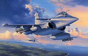 Dassault Rafale Fighter Jet Formation Flying Over Coastal Landscape at Sunset HD wallpaper