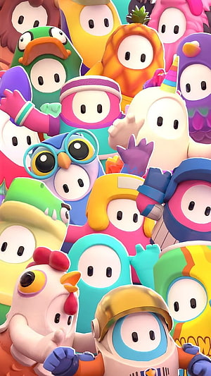Colorful Fall Guys Characters in Costumes Grouping Together in Vibrant 3D Render HD phone wallpaper