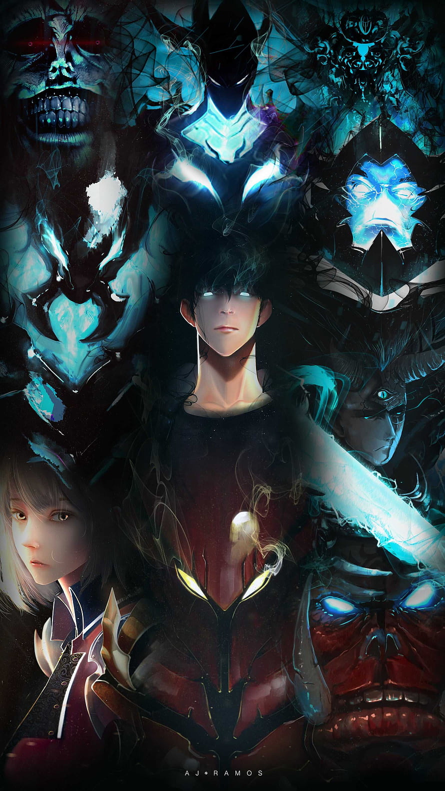 Solo Leveling Anime Dark Fantasy Character Artwork with Glowing Eyes and Shadow Monsters HD phone wallpaper
