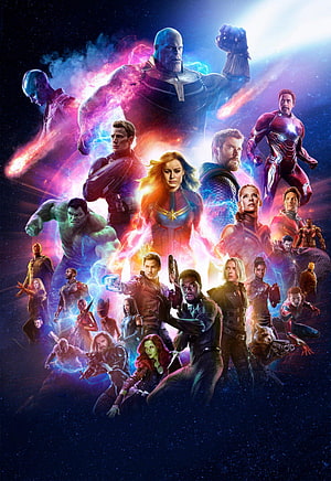 Avengers Endgame Movie Poster Featuring Thanos, Captain Marvel, Iron Man, and the Full Superhero Roster HD phone wallpaper
