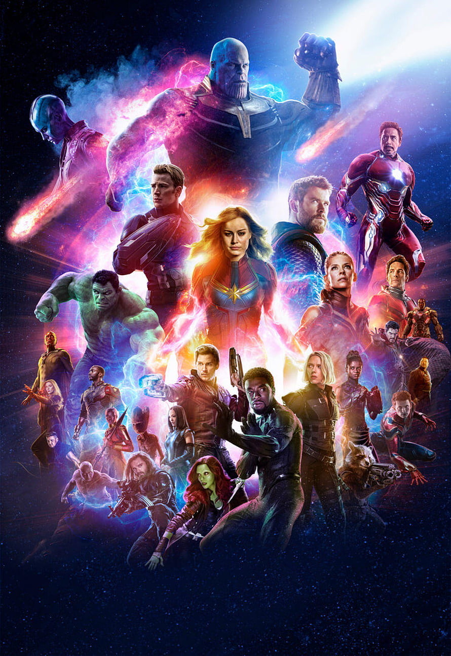 Avengers Endgame Movie Poster Featuring Thanos, Captain Marvel, Iron Man, and the Full Superhero Roster HD phone wallpaper