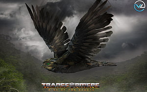 Transformers Rise of the Beasts: Mechanical Eagle Soaring Through Stormy Jungle Canopy HD wallpaper