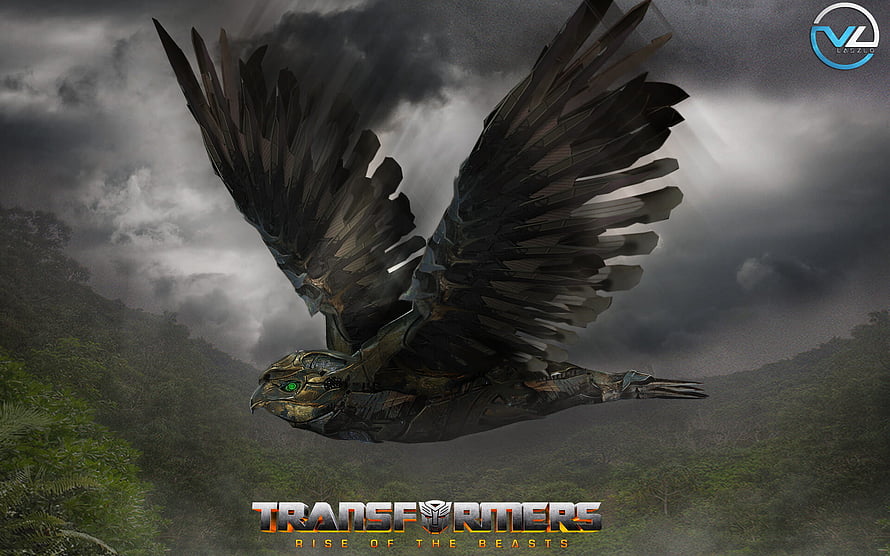 Transformers Rise of the Beasts: Mechanical Eagle Soaring Through Stormy Jungle Canopy HD wallpaper
