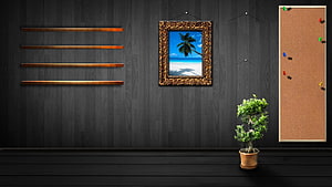 Dark Wood Office Wall With Cork Board, Shelves, and Potted Plant HD wallpaper