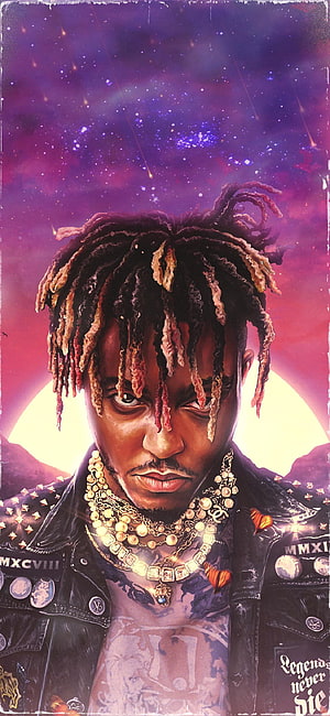 Juice WRLD Digital Portrait with Cosmic Nebula Background and Gold Jewelry HD phone wallpaper