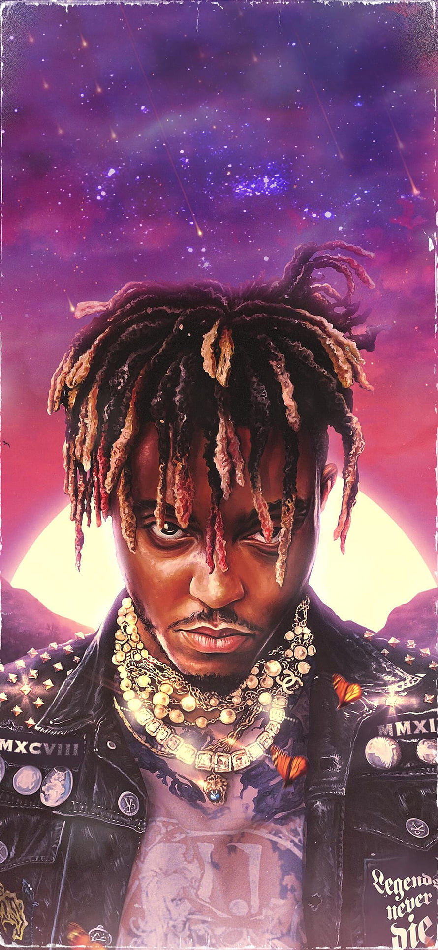 Juice WRLD Digital Portrait with Cosmic Nebula Background and Gold Jewelry HD phone wallpaper