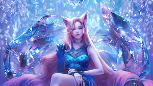Ahri from League of Legends in a Crystal Palace with Ice Wings and Blue Dress HD wallpaper