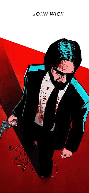 John Wick Stylized Illustration with Gun and Blood Splatter on Red Background HD phone wallpaper