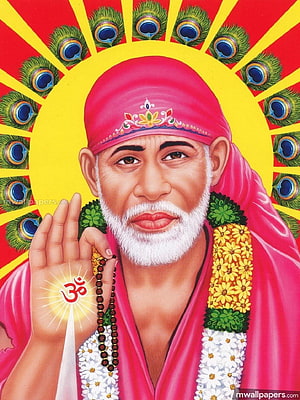 Sai Baba Portrait with Om Symbol, Peacock Halo, and Flower Garland in Vibrant Pink Attire HD phone wallpaper
