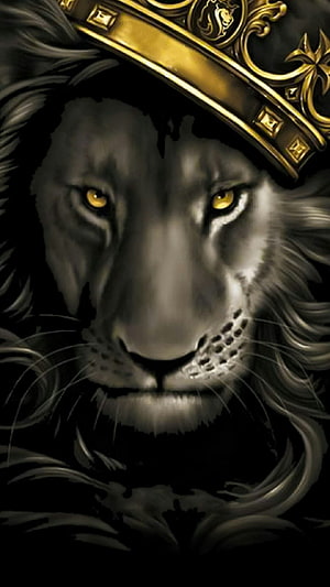 Majestic Lion Wearing an Ornate Golden Crown in Dark Digital Art HD phone wallpaper