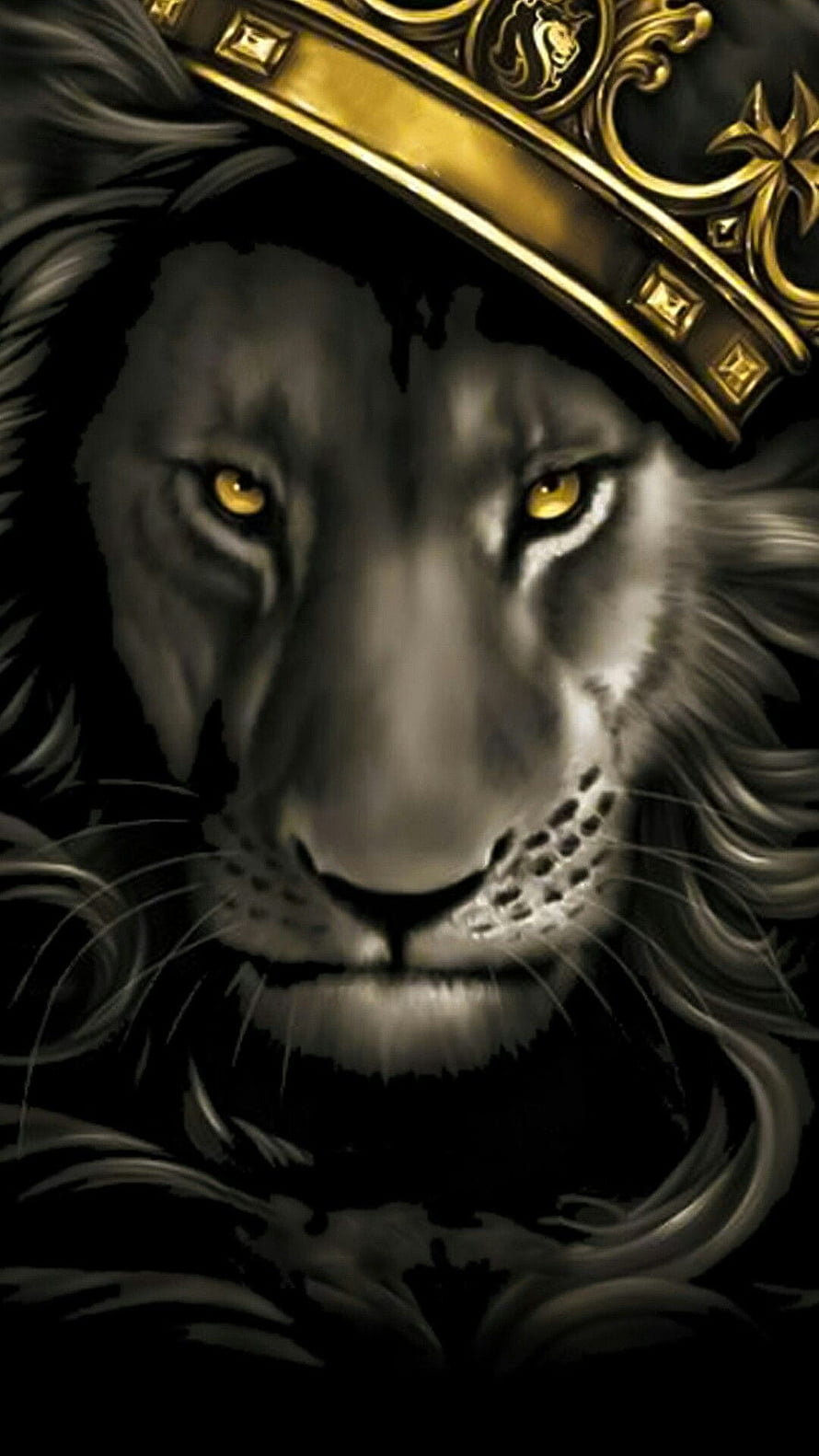 Majestic Lion Wearing an Ornate Golden Crown in Dark Digital Art HD phone wallpaper